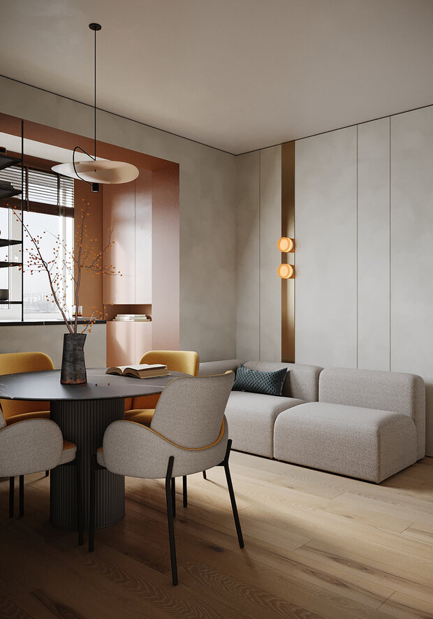 Мягкую мебель подбирали, чтобы она была и комфортной, и практичной. Искали изящные мягкие формы пуфа, дивана на кухне без подлокотника для удобства. Ткань подбиралась антивандальная, так как есть домашнее животное — кот. И главное — износостойкая, так как сыновья любят играть везде.