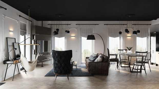 Фотография: Гостиная в стиле Лофт, Эклектика, Квартира, Минимализм, Проект дня, Черный, Подмосковье, дерево в интерьере, инженерная доска, черный потолок в интерьере, 2 комнаты, 60-90 метров, Монолитно-кирпичный, Анна Сухая, коттеджный поселок Западная Долина – фото на INMYROOM