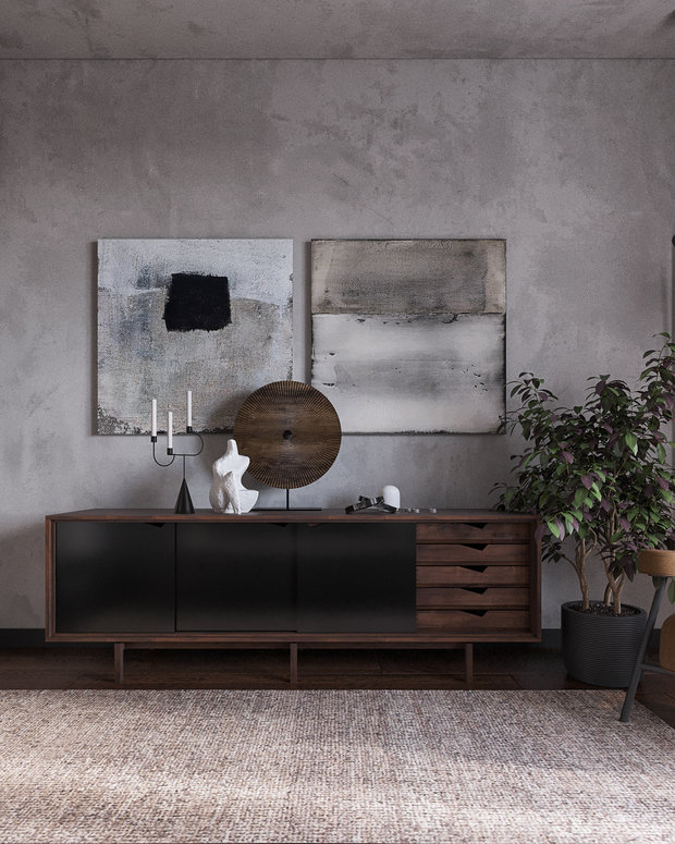 Одно из увлечений заказчицы — абстрактная живопись. Поэтому вместо телевизора предусмотрели место для двух полотен, которые заказчица напишет сама. 