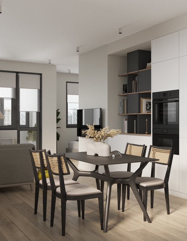 Сочетание дерева, ярко выраженного мрамора, гипсовых панелей в отделке, ротанга и черных элементов смотрится очень органично. 