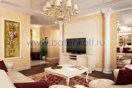 Дизайн проект гостиной в классическом стиле на Юмашева от дизайн студии Батенькофф.