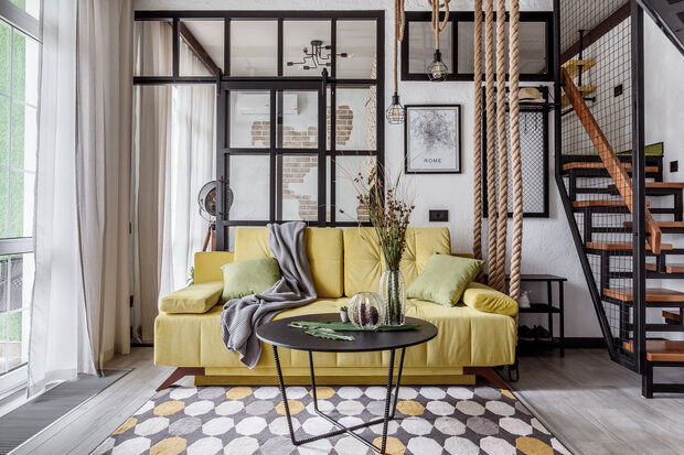 Фотография: Гостиная в стиле Лофт, Современный, Квартира, Проект недели, Сочи, Блочный дом, 2 комнаты, до 40 метров – фото на INMYROOM