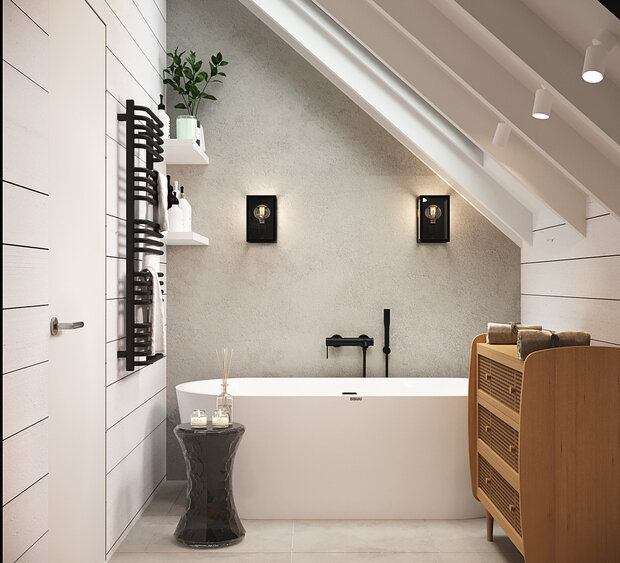 В хозяйском санузле отдельностоящая ванна, стены под бетон, мебель из тика.