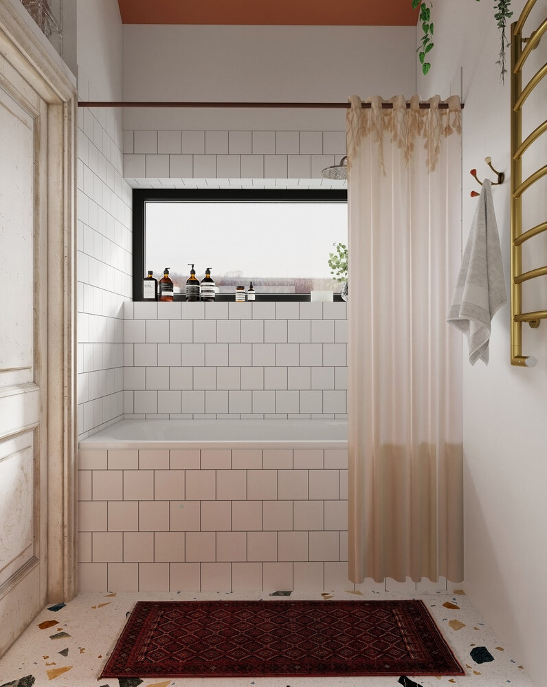 В ванной винтажный шерстяной ковер и хрустальная люстра. Под раковину использован старый комод времен СССР. В ванной винтажный шерстяной ковер и хрустальная люстра. Под раковину использован старый комод времен СССР.