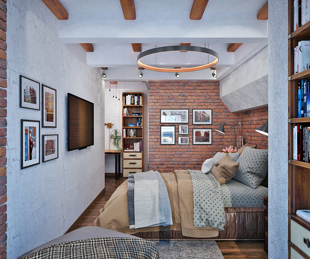 Фото из портфолио Винтаж, натуральный кирпич, индустриал: отличное сочетание в спальне – фотографии дизайна интерьеров на INMYROOM