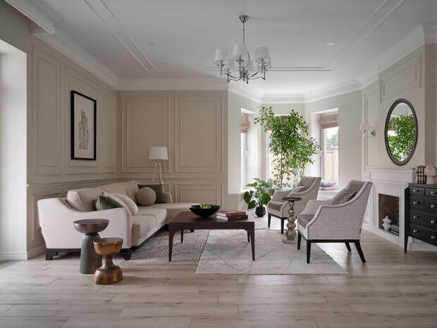 Фотография: Гостиная в стиле Классический, Современный, Дом, Проект дня, Москва, Дом и дача, Блочный дом, 4 и больше, Более 90 метров, классический с современными элементами, Екатерина Бачурина – фото на INMYROOM