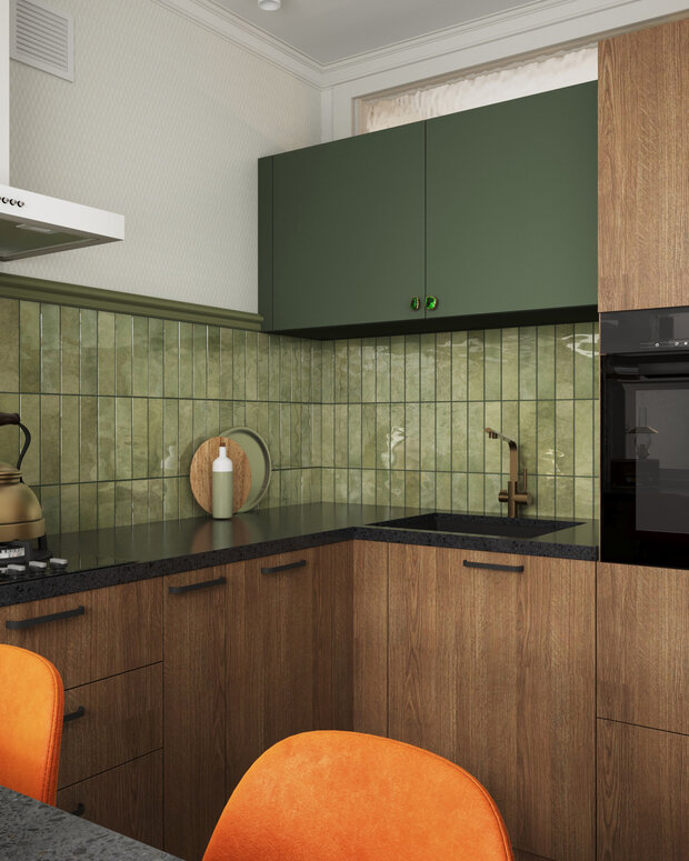 Фотография: Кухня и столовая в стиле Современный, Малогабаритная квартира, Квартира, Проект дня, Московская область, Кирпичный дом, 1 комната, до 40 метров, Анастасия Струве, современный с элементами классики и винтажа – фото на INMYROOM