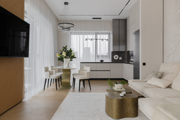 Фотография: Кухня и столовая в стиле Современный, Квартира, Проект дня, Монолитный дом, 3 комнаты, Более 90 метров, Эксклюзивные проекты, Оксана Галактионова, минимализм с элементами современного дизайна – фото на INMYROOM