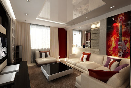 Гостиная-кухня в трехкомнатной квартире, в современном стиле