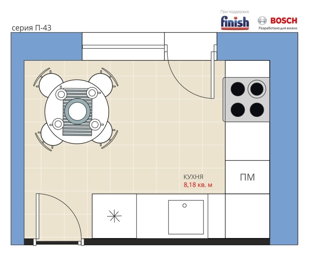 Фотография: Планировки в стиле , Кухня и столовая, Перепланировка, П-43, Анастасия Киселева, Максим Джураев, Панельный дом, Finish – фото на INMYROOM
