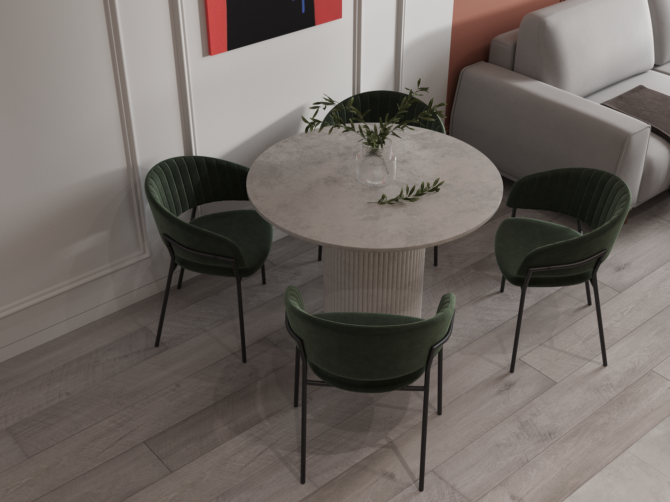 Обеденную зону обустроили с помощью красивого круглого стола и стульев глубокого зеленого оттенка.