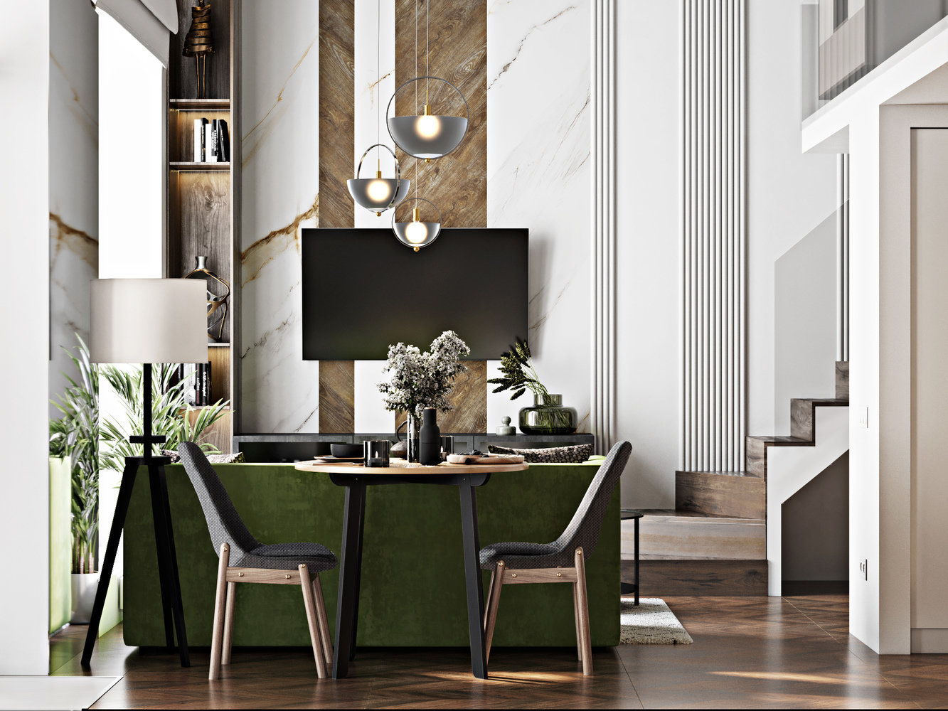 В оформлении стены за телевизором использовали дерево и имитацию мрамора. В оформлении стены за телевизором использовали дерево и имитацию мрамора.