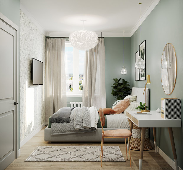 Фотография: Спальня в стиле Скандинавский, Кухня и столовая, Ванная, Квартира, Проект недели, Зеленый, Желтый, Серый, 1 комната, до 40 метров, ПРЕМИЯ INMYROOM – фото на INMYROOM