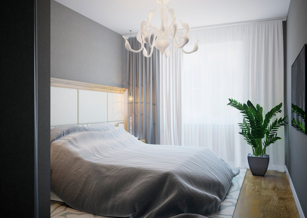 Фотография: Спальня в стиле Современный, Минимализм, Квартира, Россия, Axo Light, Белый, Проект недели, Черный, Серый, Санкт-Петербург, SLV, Hansgrohe, как построить гардеробную в квартире, Приморский район, Alloc, Iris Ceramiche, Form Us With Love, Khroma Green, Serenissima Capri CIR, Eijffinger United, Vistosi Papiro Pendant, Eijffinger Richmond, Мария Марченко, перепланировка трешки, зонирование трешки, ремонт трешки, как объединить кухню с гостиной, уютный минимализм – фото на INMYROOM