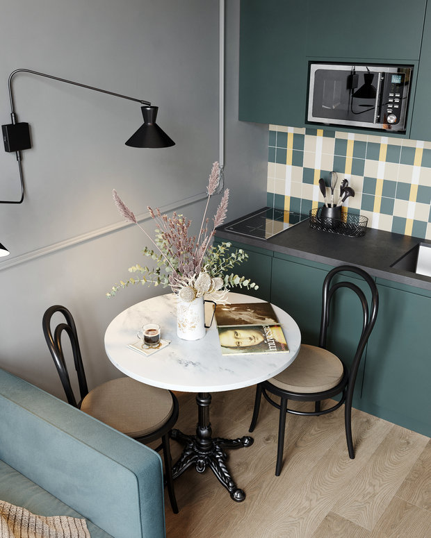 Для отделки взяли стандартные материалы: краску, ламинат, полиуретановую лепнину. Из необычного — на фартуке новая коллекция плитки Equipe.