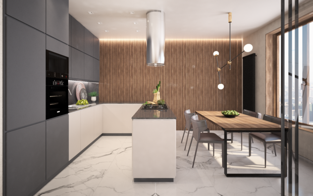 Фотография: Кухня и столовая в стиле Современный, Квартира, Проект дня, Москва, Серый, Коричневый, Ольга Погорелова, Монолитный дом, 3 комнаты, Более 90 метров – фото на INMYROOM