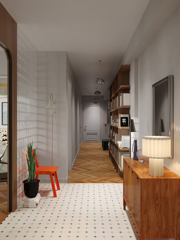 Хранение будет выполнено на заказ. В этой квартире у нас есть гардеробная — почти 7 квадратных метров, так что все основное хранение приходится именно на нее, как и хотели заказчики.