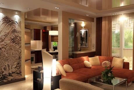 Дизайн-проект гостиной-кухни в трехкомнатной квартире, выполненной в современном стиле