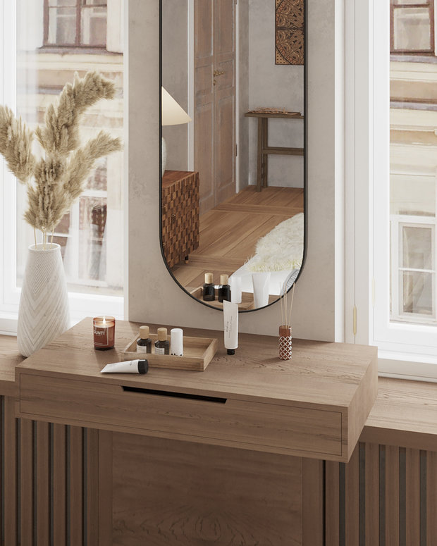 Системы хранения и кровать изготавливаются в России по эскизам дизайнера. Самая сложная конструкция — подоконник со встроенным туалетным столиком.