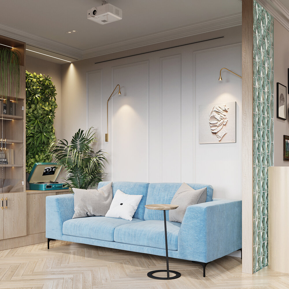 Зону гостиной от прихожей отделяют кирпичики Фальконье. Их узор повторяют большие зеркала с ромбическим фацетом. Гостиная обособлена декоративными молдингами и фрагментом «зеленой» стены. Зону гостиной от прихожей отделяют кирпичики Фальконье. Их узор повторяют большие зеркала с ромбическим фацетом. Гостиная обособлена декоративными молдингами и фрагментом «зеленой» стены.