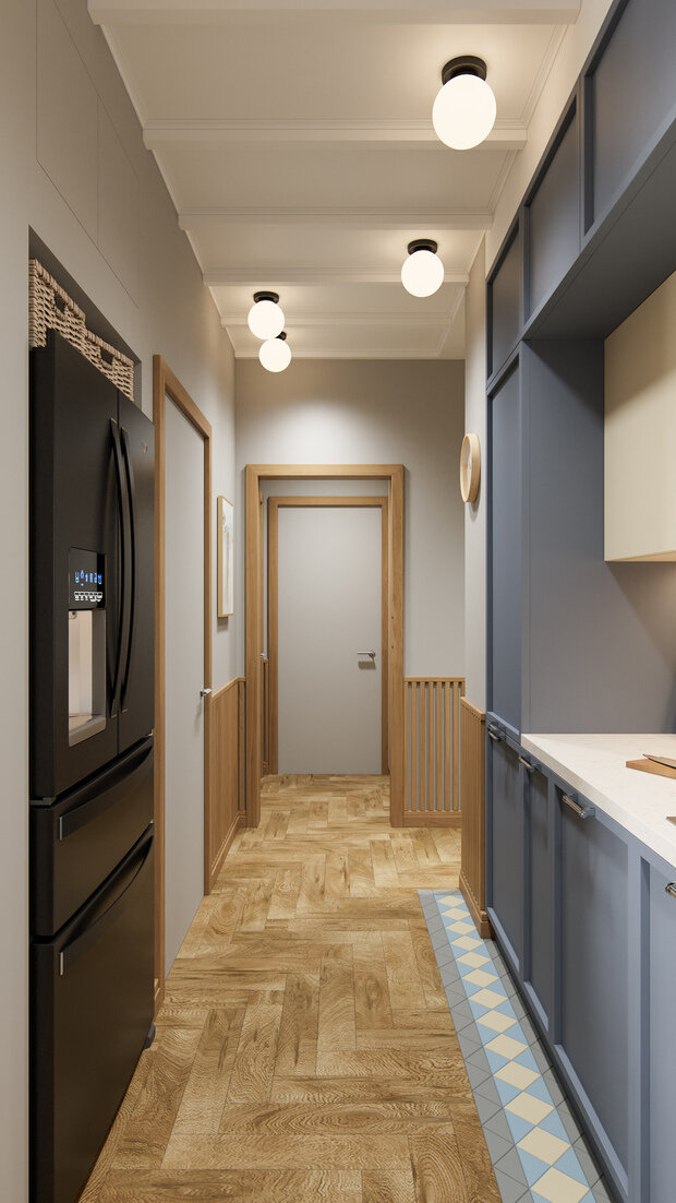 В проекте использовали скрытые межкомнатные двери, которые выкрашены в цвет стен и оформлены деревянным обрамлением из массива дерева.