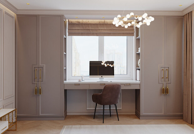 Визуализация интерьера кабинета в современном стиле с элементами классики