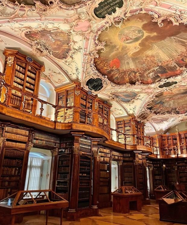 Интерьер кабинета в классическом стиле с книжными полками и росписями на потолке