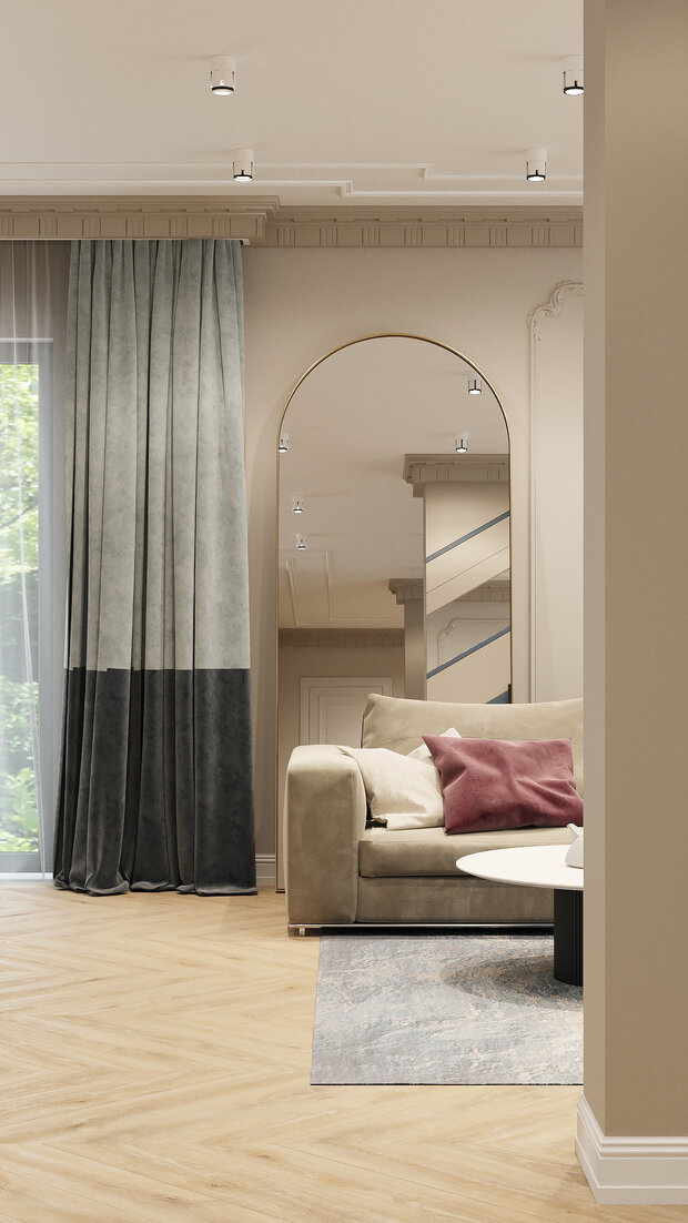 Визуализация интерьера гостиной в классическом стиле с современными элементами