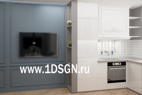 Дизайн интерьера Гостиной-кухни-прихожей ЖК "Смородина" г.Екатеринбург