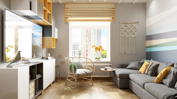 Фотография: Гостиная в стиле Современный, Квартира, Проект недели, 4 и больше, 60-90 метров, Алена Чекалина, Котельники, Дизайн-студия Алены Чекалиной – фото на INMYROOM