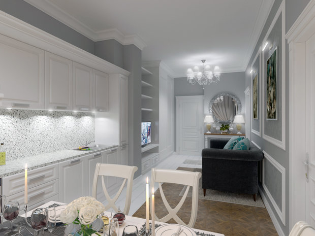 Фотография: Кухня и столовая в стиле Классический, Квартира, Проект недели, Москва, кухня-гостиная, новостройка, Елизавета Корешкова, Beau Interiors, гостиная в прихожей, Монолитный дом, 2 комнаты, 40-60 метров – фото на INMYROOM