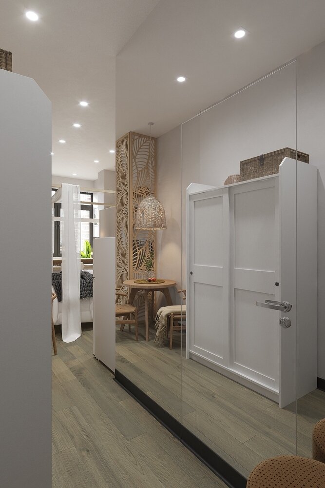 Стену санузла оформили зеркальными потолками, которые визуально увеличивают пространство и количество света.