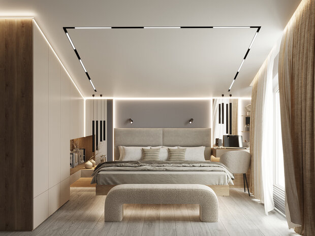 Визуализация интерьера спальни в стиле минимализм с элементами джапанди