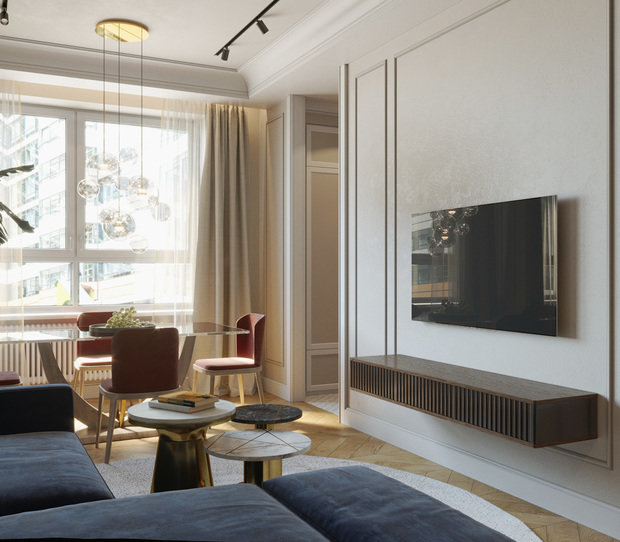 Визуализация интерьера гостиной в классическом стиле с современными элементами