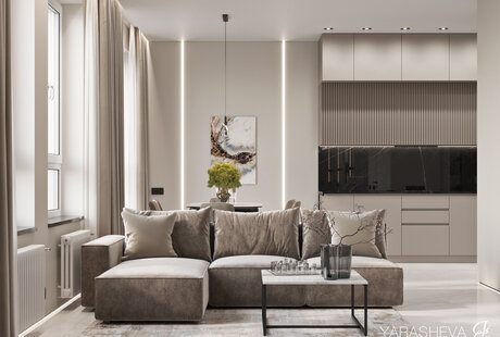 Дизайн интерьера гостиной в ЖК Fresh (Фреш) 92 м кв. от Yarasheva Studio Design