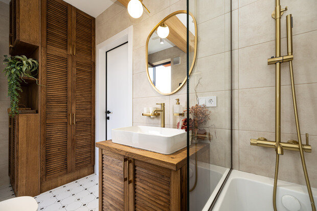 Фотография: Ванная в стиле Современный, Эко, Бохо, Квартира, Проект дня, Сочи, Блочный дом, 3 комнаты, 60-90 метров, Красная Поляна, современный с элементами минимализма и скандинавского стиля, Анна Терентьева – фото на INMYROOM