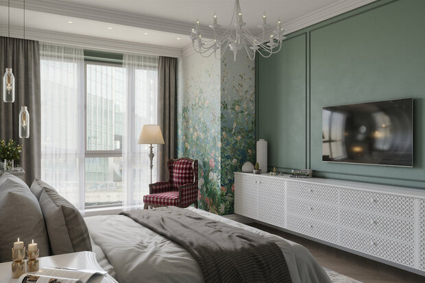 В спальне есть отдельное вместительное помещение для гардеробной, напротив кровати сделан длинный подвесной комод с красивыми резными фасадами. Вся мебель будет изготовлена на мебельном производстве в России.