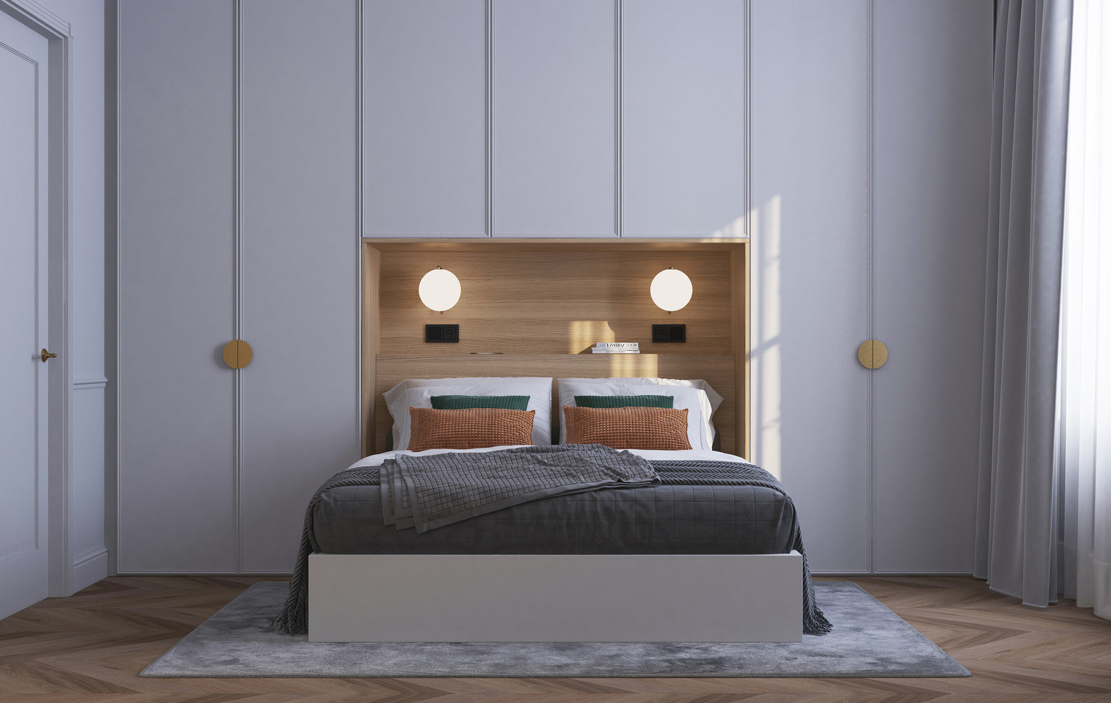 Все основные места хранения разместили в спальне вокруг изголовья кровати, а отсутствие прикроватных столиков компенсировали полкой на стене.