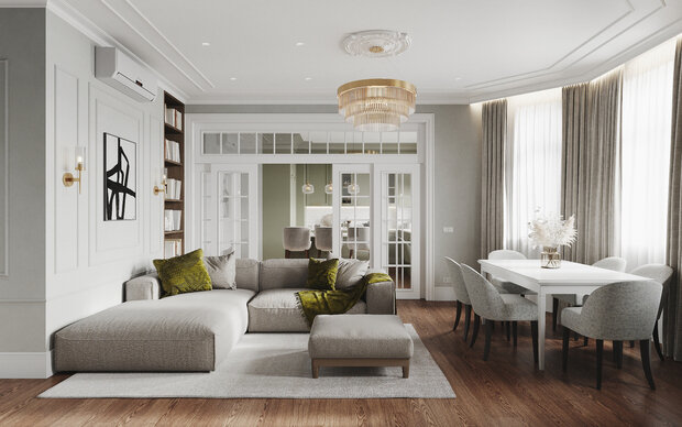 Визуализация интерьера гостиной в классическом стиле с элементами современности