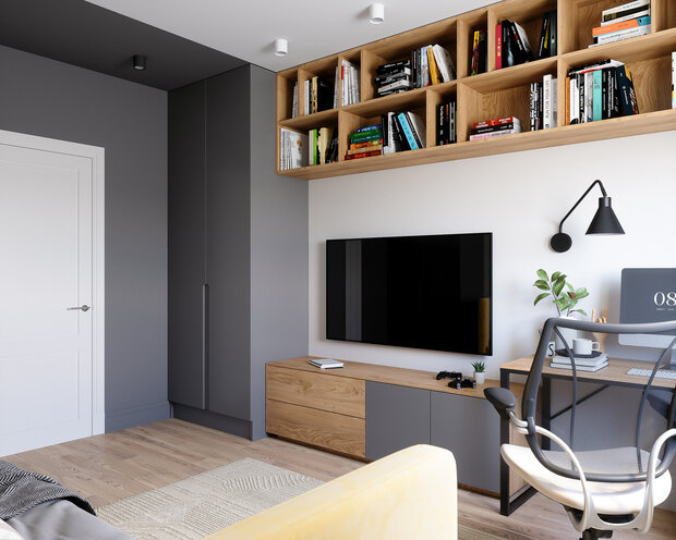 Шкафы у входа в комнату сливаются со стеной и с потолком, тем самым становясь практически незаметными — интересный прием.