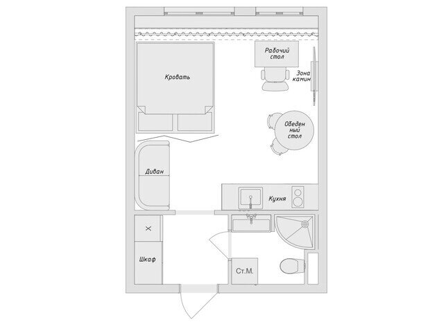 Фотография: Планировки в стиле , Эклектика, Малогабаритная квартира, Квартира, Студия, Проект дня, Москва, Монолитный дом, до 40 метров, Арина Дудникова – фото на INMYROOM