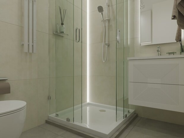 Визуализация ванной комнаты в современном стиле с вертикальной световой линией