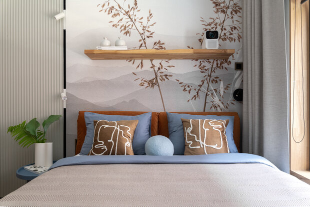 Фотография: Спальня в стиле Современный, Малогабаритная квартира, Квартира, Проект дня, 1 комната, Монолитно-кирпичный, Юлия Волкова – фото на INMYROOM