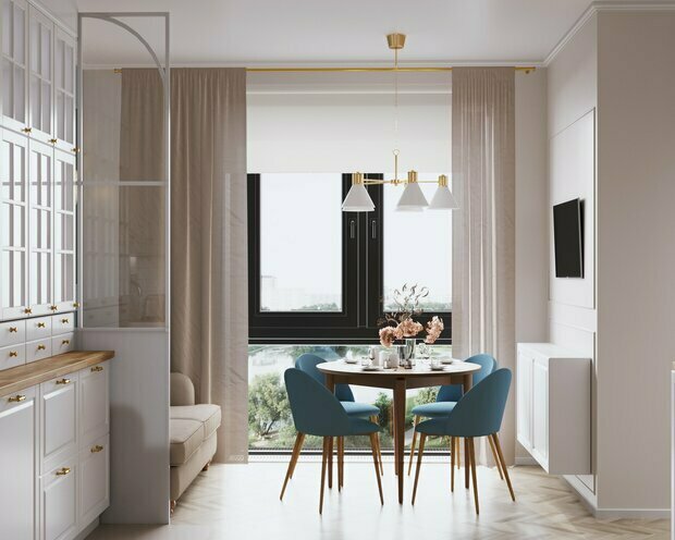 Обеденную зону отделили легкой перегородкой с раскладкой в виде арки. Это своеобразное напоминание о путешествиях, которые любят заказчики.