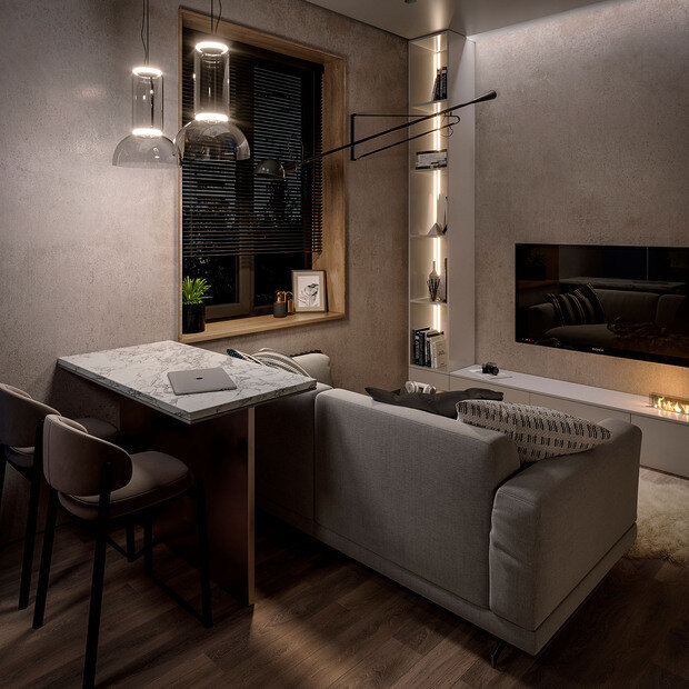 Визуализация интерьера гостиной в стиле минимализм