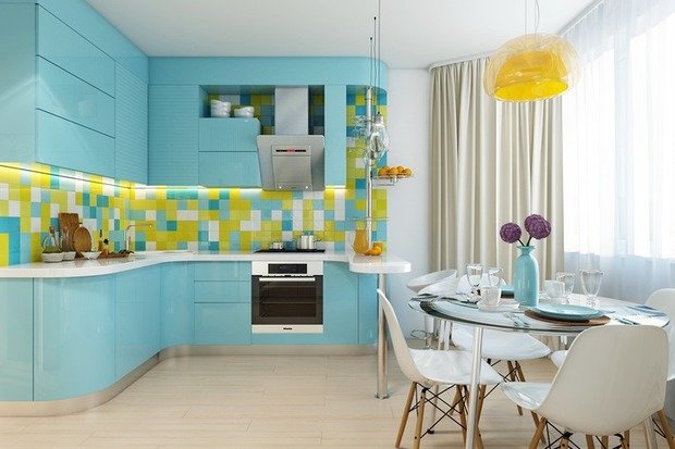 Фотография: Кухня и столовая в стиле Современный, Скандинавский, Квартира, Планировки, Eames, Мебель и свет, Белый, Проект недели, Зеленый, Бежевый, Желтый, Бирюзовый, Подмосковье, Tikkurila, Cosmorelax, Железнодорожный, Bardelli, Artpole, Рустэм Уразметов, кухня-столовая с баром, как оформить кухню с эркером, яркий скандинавский стиль – фото на INMYROOM