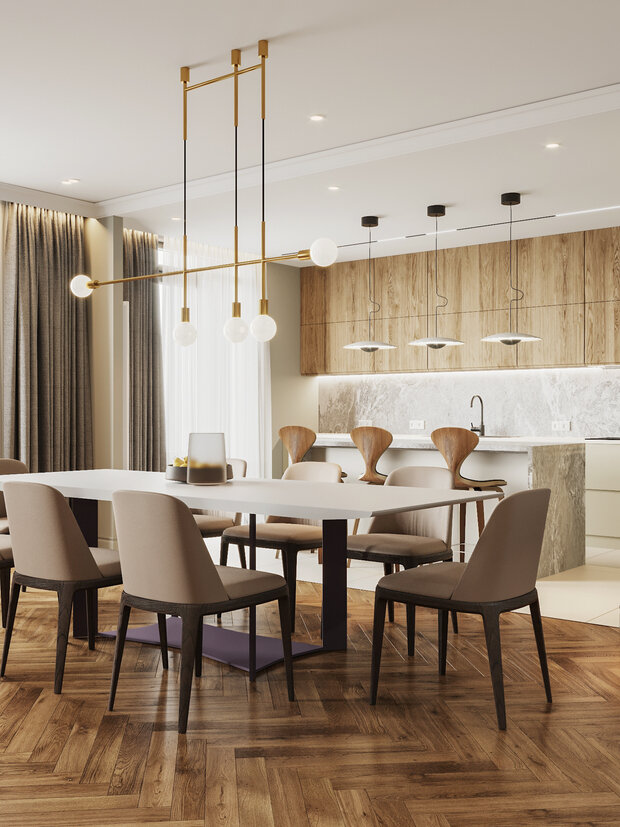Визуализация интерьера кухни и столовой в современном стиле