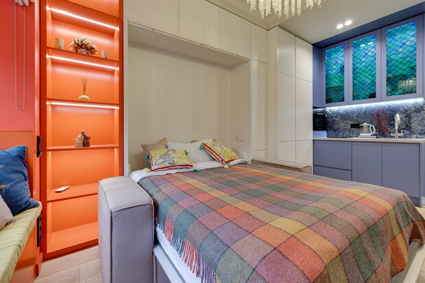 Фотография: Спальня в стиле Современный, Малогабаритная квартира, Квартира, Студия, Проект дня, Москва, Олег Коган, Кирпичный дом, до 40 метров – фото на INMYROOM