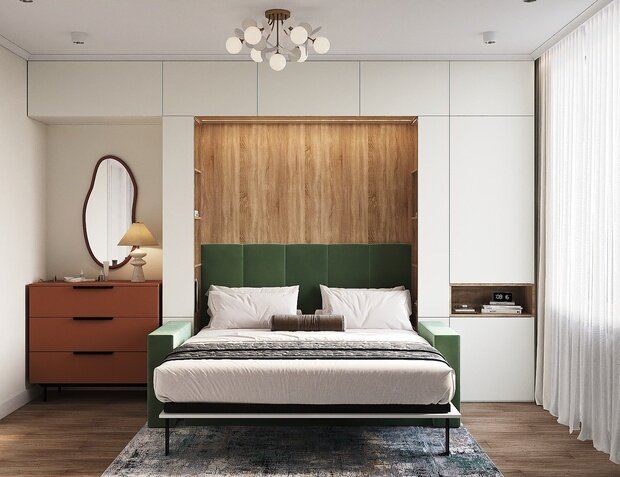 Фотография: Спальня в стиле Современный, Квартира, Проект дня, Московская область, Ирина Собыленская, 3 комнаты, 40-60 метров, Монолитно-кирпичный – фото на INMYROOM