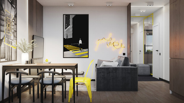 Визуализация интерьера гостиной в современном стиле с элементами эклектики